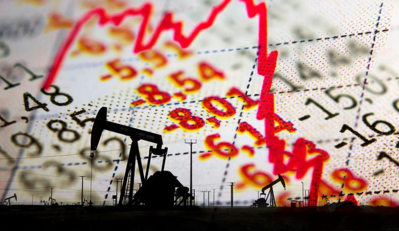 abstract collage of stock market numbers overlayed on top of the silhouette of a gas mining operation