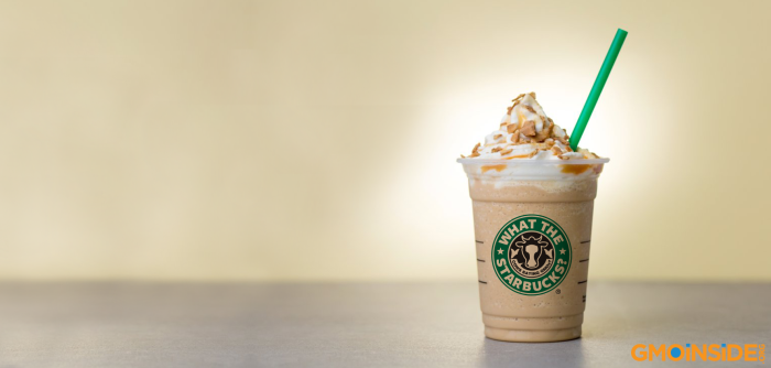 Image: iced frappucino in a cup that says What the Starbucks?