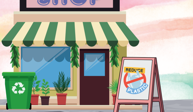 illustrative graphic of a storefront with a sign in front of it that says Reduce Plastic