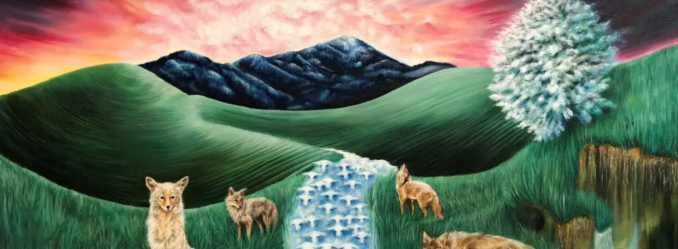 Painting of four coyotes around a river of sheep in rolling green hills and a washed red sunset. 