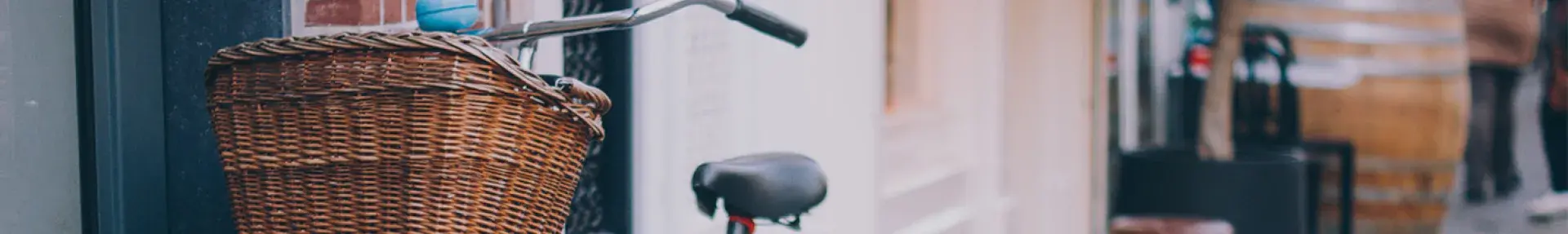 Image: bicycle with basket propped up against wall. Green living.