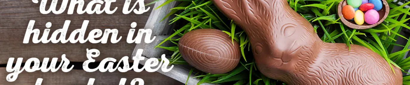 chocolate bunny with text "what is hidden in your Easter basket?"
