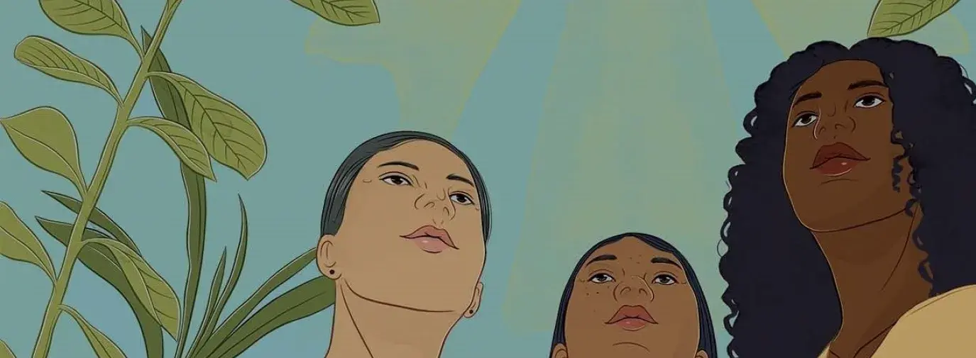 three women looking towards the sun illustration. by Stephanie Singleton