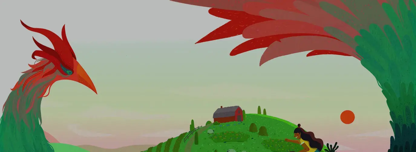 phoenix rising from the Earth illustration by Yunyi Dai for Green America